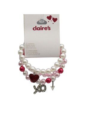Claires Valentine Stretch Bracelet Set of 3 Faux Pearls Charms Heart Arrow XO